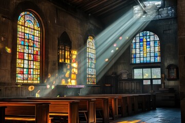 A serene interior of a church with stained glass windows and sunlight streaming through.