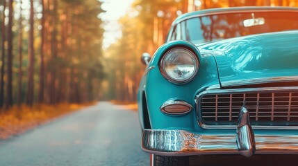 Classic turquoise car parked on a serene forest road, capturing the beauty of nature and vintage design in warm sunlight.