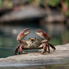 Big Crab walking along the sand beach with the sea water rolling in and out.