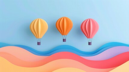 Fototapeta premium Three colorful hot air balloons floating above wavy landscape with blue sky creating peaceful scene