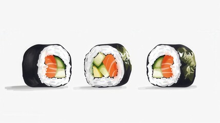 Realistic sushi roll illustrations showing salmon avocado and vegetables wrapped in seaweed and rice