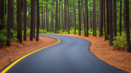 Obraz premium Curving road through lush green forest, featuring tall trees and pine needles. Ideal for nature and travel themes.