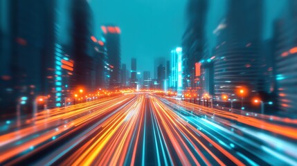 Dynamic cityscape with vibrant lights and blurred motion, capturing the energy of urban life at night.
