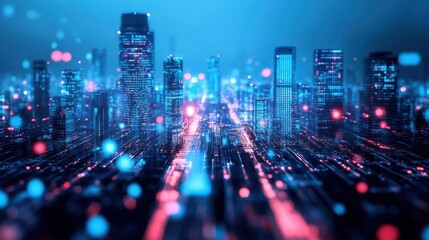 Obraz premium Futuristic city skyline with vibrant lights and digital elements, showcasing advanced technology and urban innovation.