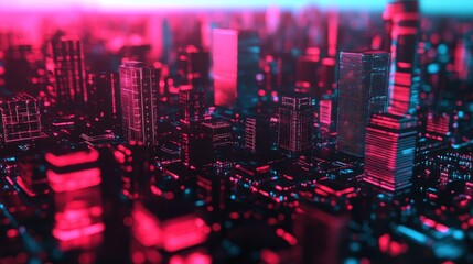 Futuristic cityscape with vibrant neon lights and towering skyscrapers, showcasing a stunning digital environment at dusk.