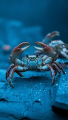 Big Crab walking along the sand beach with the sea water rolling in and out.