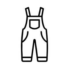 Simple black outline icon of a baby or toddler's overalls, featuring a front pocket and two side pockets, isolated on a white background, perfect for clothing, fashion