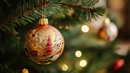 Golden Christmas Ornament: A close-up of a sparkling, golden Christmas ornament adorned with intricate floral patterns, hanging on a lush green Christmas tree, with twinkling lights in the background.