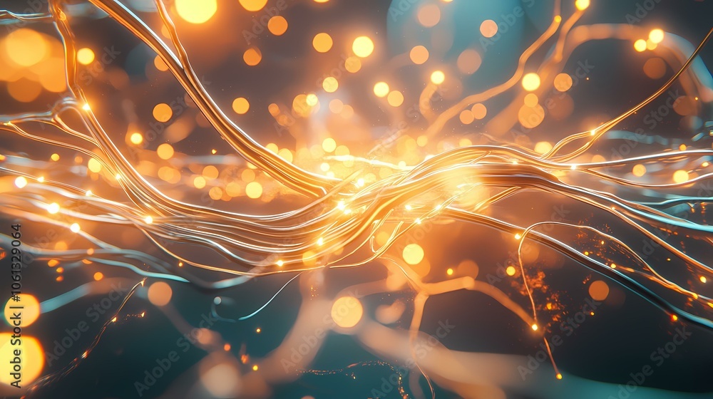 Poster abstract background with flowing luminous lines and blurry golden bokeh.