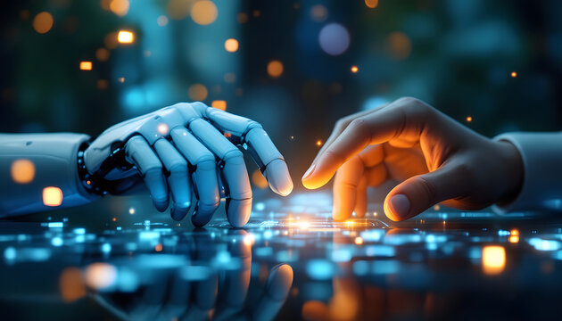 Robotic hands interact with a glowing, futuristic digital interface displaying holographic data points, icons, and network connections in a high-tech setting.