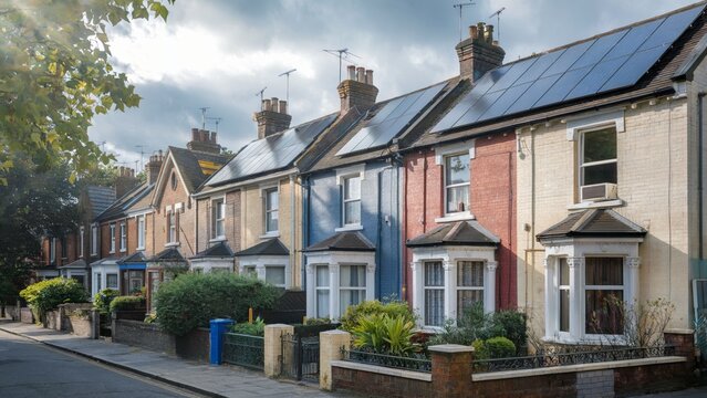 Colorful Victorian terraced houses in the UK featuring solar panels on their roofs, blending traditional architecture with sustainable technology. Eco-friendly design concept