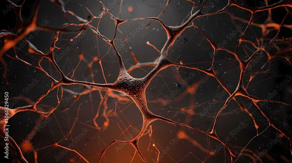 Aufkleber the image shows a close-up of a neuron, with intricate branches extending outwards, connecting to ot
