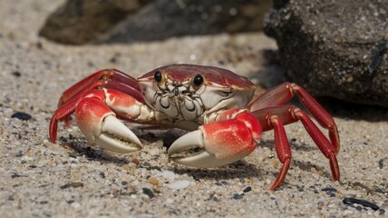 Big Crab walking along the sand beach with the sea water rolling in and out.