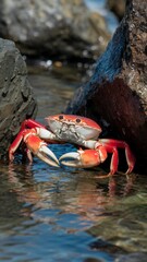 Big Crab walking along the sand beach with the sea water rolling in and out.