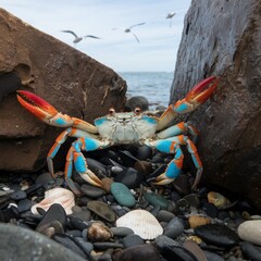 Big Crab walking along the sand beach with the sea water rolling in and out.