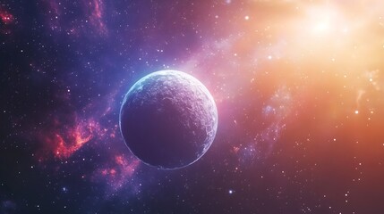 A vibrant view of a distant planet in a colorful cosmic landscape.