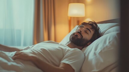 Fototapeta premium A peaceful Caucasian man sleeps soundly in a cozy bedroom.