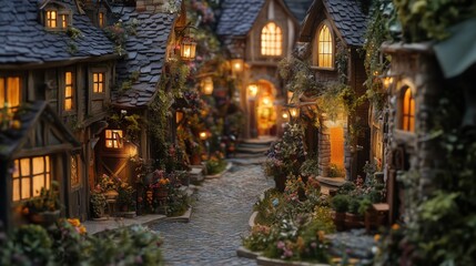 Enchanted Village: A whimsical miniature village, a miniature diorama, with cobblestone streets, quaint houses, and glowing lanterns, creates a sense of wonder and magic. The intricate details.