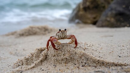 Big Crab walking along the sand beach with the sea water rolling in and out.
