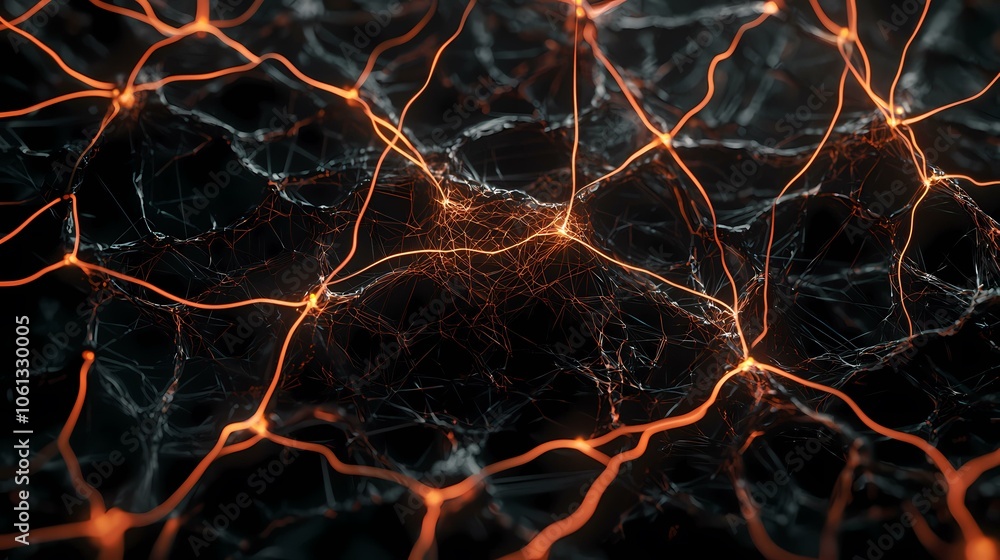 Poster an abstract image of glowing orange lines connecting and branching off a dark background.
