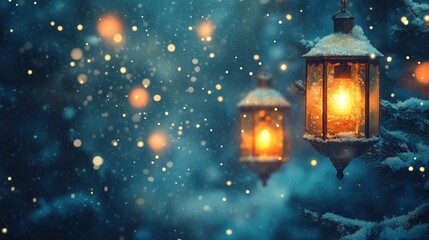 Winter Wonderland Lanterns: Two glowing lanterns cast a warm, inviting glow on a snowy forest scene, creating a magical and tranquil atmosphere. The falling snow adds a touch of whimsy and wonder.