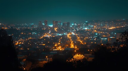Fototapeta premium Stunning night view of a city skyline with bright lights and an artistic glow.