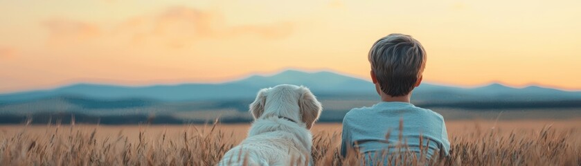 A child lying in a meadow with a dog by their side, looking at the sky, symbolizing comfort and well-being