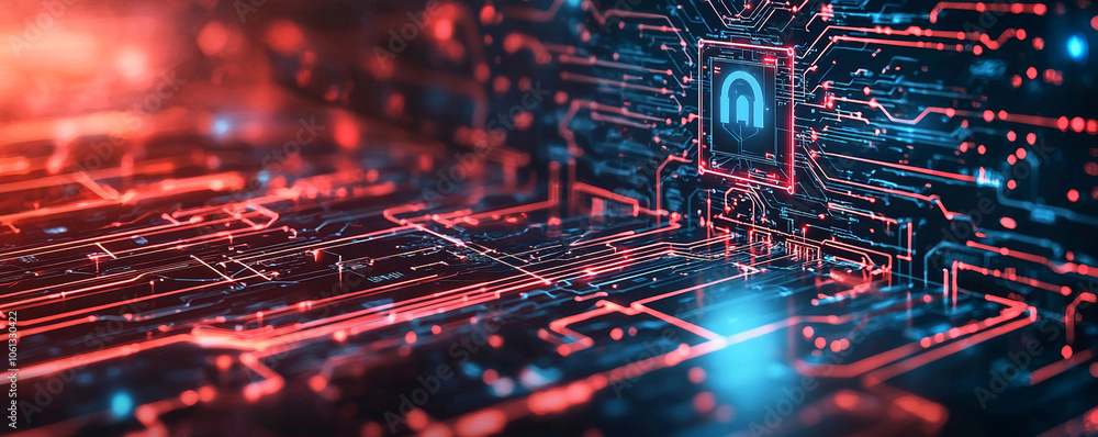 Poster futuristic digital interface showcasing cyber defense system with glowing circuits and central lock 