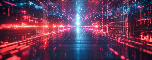 Fototapeta premium vibrant digital vault with holographic encryption, showcasing secure data transmission through glowing lines and particles. scene evokes sense of advanced technology and security