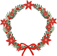 fern leaves, flowers and berry Christmas wreath frame illustration for decoration on Christmas holiday and new year festival.