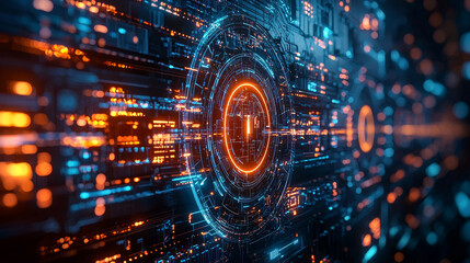 Fototapeta premium futuristic digital interface with glowing circuits and data streams, showcasing virtual security and technology. vibrant colors create dynamic atmosphere
