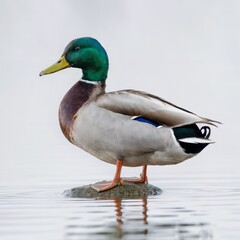Male Mallard duck with iridescent green head and colorful plumage standing proudly on a rock in calm water. Natural habitat concept