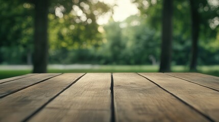 A rustic wooden table in a natural setting, with blurred greenery in the background, creating a serene outdoor atmosphere.