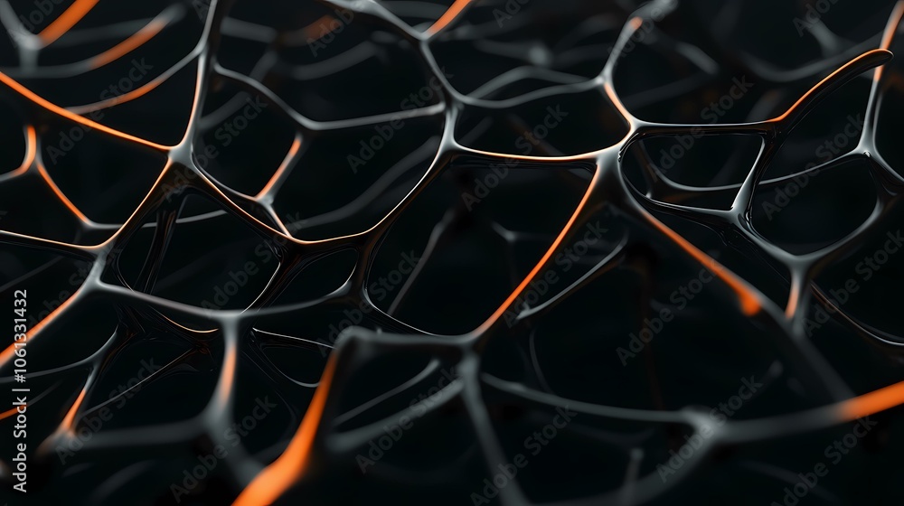 Poster a close-up view of an abstract black structure with orange accents, resembling a network of intercon