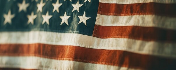 A close-up view of the American flag, showcasing its stars and stripes in a textured, vintage appearance, symbolizing patriotism and national pride.