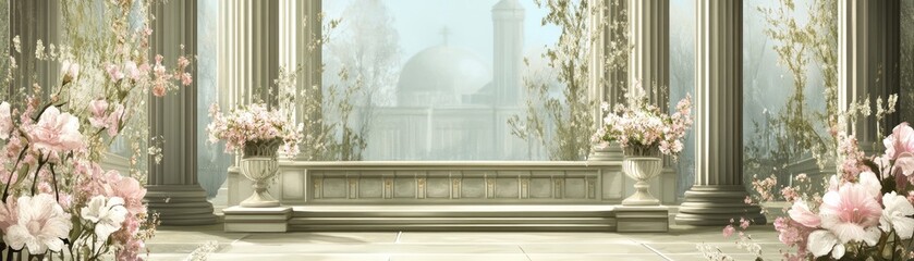 Obraz premium A serene architectural scene with columns, flowers, and a distant dome, evoking tranquility.