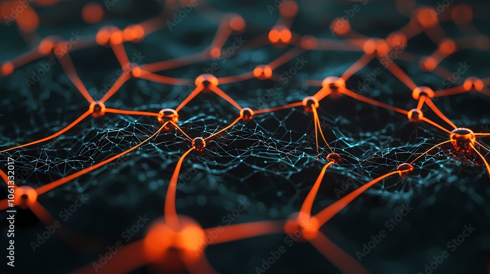 Poster the image shows a network of glowing orange lines connected by spherical nodes, set against a dark b