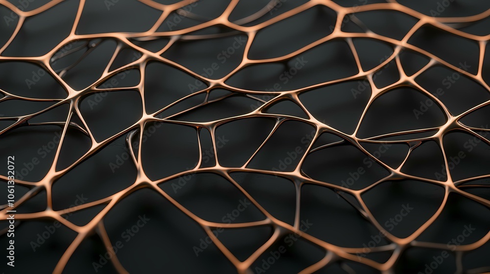 Poster a close-up of an abstract, copper-colored web-like structure against a black backdrop.
