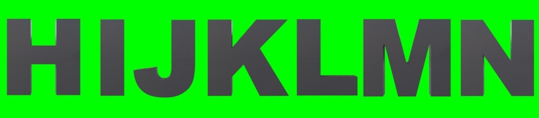Photorealistic carbon fabric textured letter HIJKLMN created by 3D modeling on the transparency greenback background.