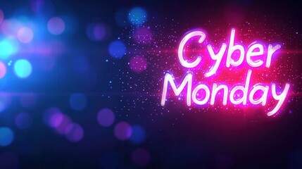 Obraz premium Colorful neon lights announcing Cyber Monday sale, vibrant background, digital shopping theme.