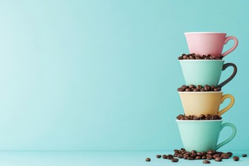 Cappuccino day celebration, stack of coffee cups and beans, vibrant colors, 3D illustration