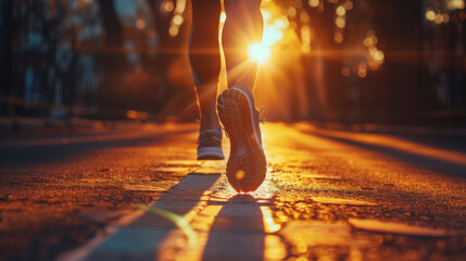 Running legs in motion during sunset, capturing energy and determination of athlete. warm glow of sun enhances scene, creating vibrant atmosphere