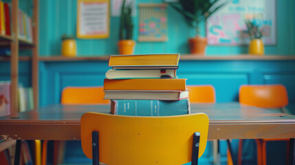 vibrant study space featuring stack of psychology books on table, surrounded by colorful decor and plants, creating inviting atmosphere for learning