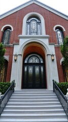 Elegant brick building entrance with large doors and decorative windows.