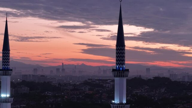 malaysian mosque Masjid Sultan Salahuddin Abdul Aziz Shah during beautiful sunrise aerial shot