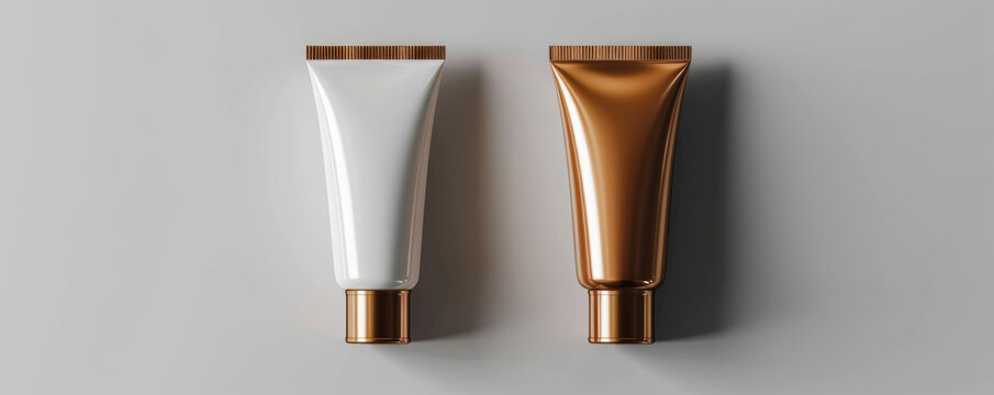Sunscreen tubes in white and bronze colors, showcasing skincare products for sun protection. Ideal for beauty and health related themes
