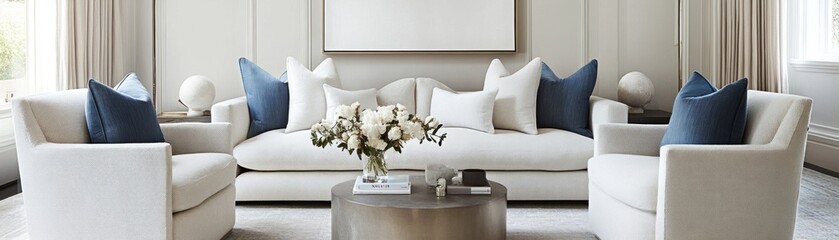 A modern living room featuring a sofa, armchairs, and decorative pillows with a floral centerpiece.