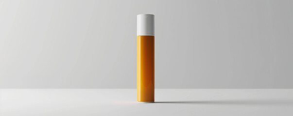 Sunscreen in cylindrical bottle with unique shape, featuring sleek design and vibrant orange color, perfect for summer skincare routines