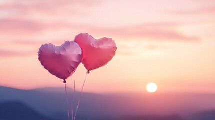 Obraz premium Heart balloons drifting against pink dawn backdrop, essence of Valentine's Day.
