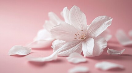 Fototapeta premium Delicate white flower with petals arranged on a soft pink background, creating a beautiful and artistic floral composition. Elegant design.